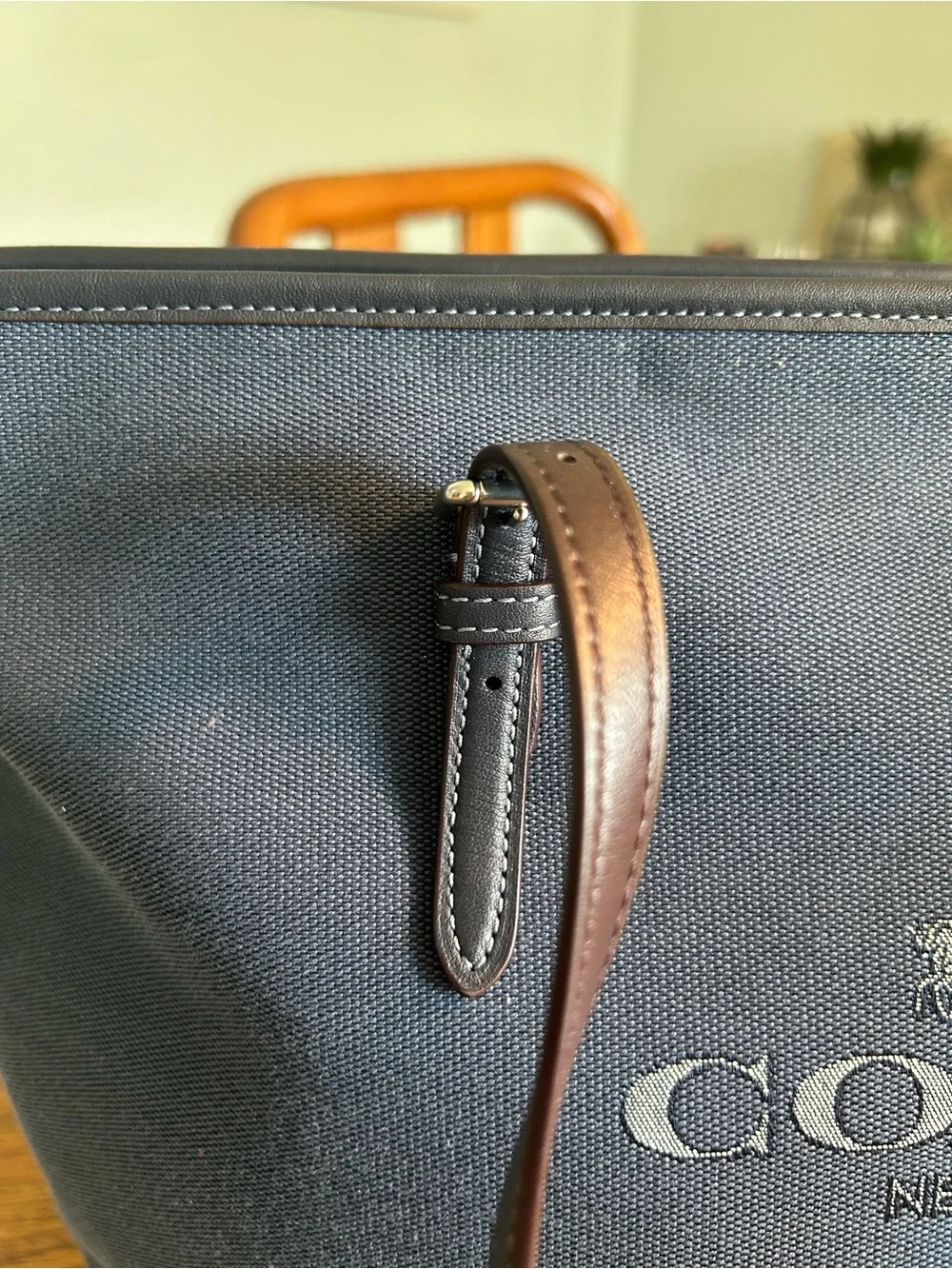 Coach Navy Canvas Tote with Brown Leather Trim